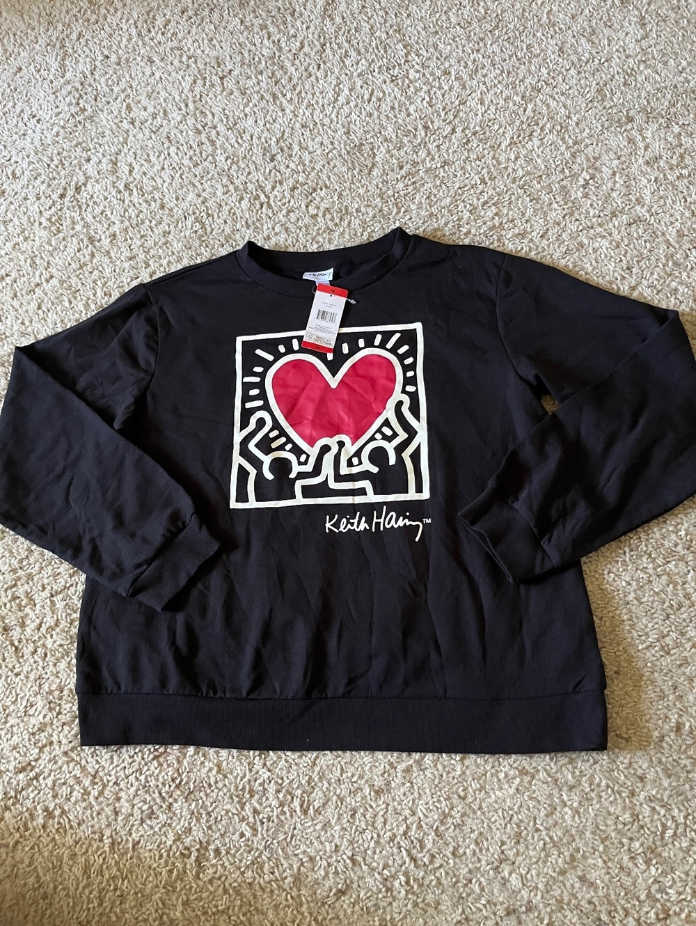 Keith Haring Black Sweatshirt with Iconic Heart Graphic, Size M